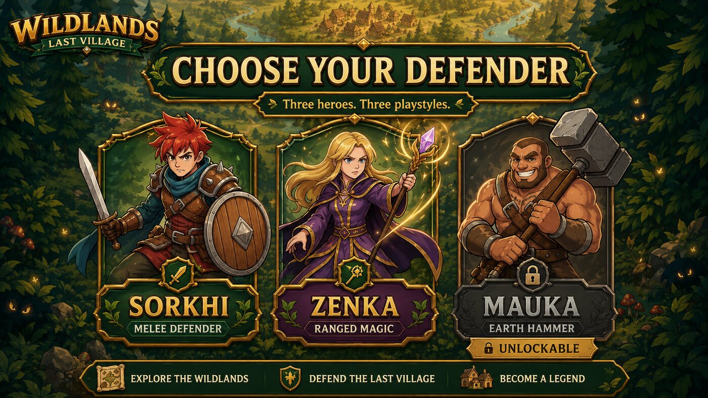 Choose your defender — SORKHI melee defender, ZENKA ranged magic, MAUKA unlockable earth hammer