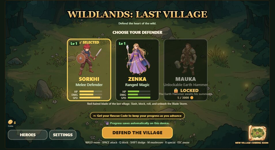 In-game hero select screen showing Sorkhi, Zenka, and the locked hero Mauka