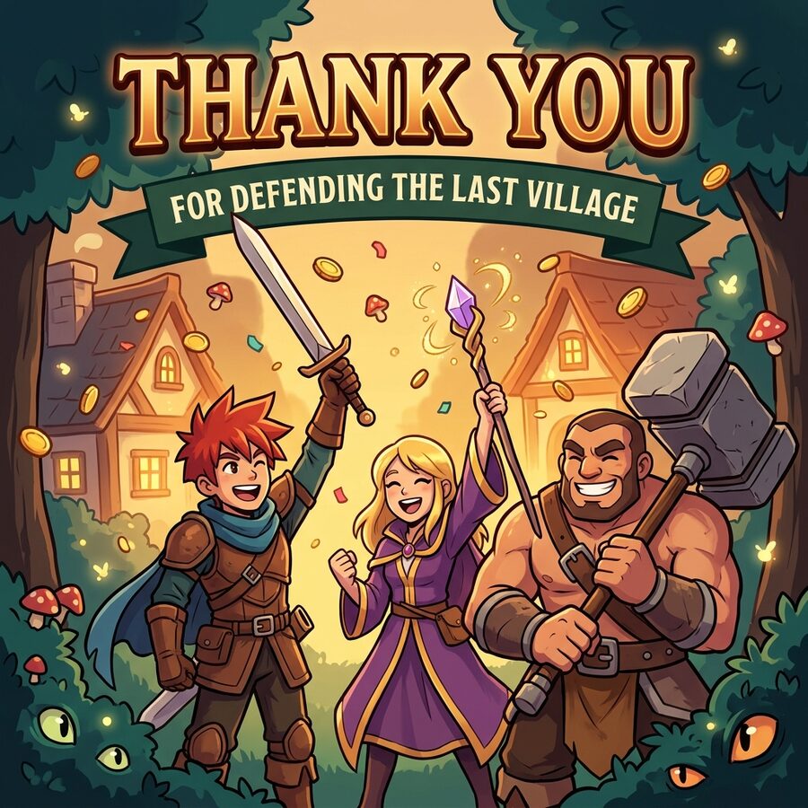 The three heroes of the Wildlands celebrating — thank you for defending the last village