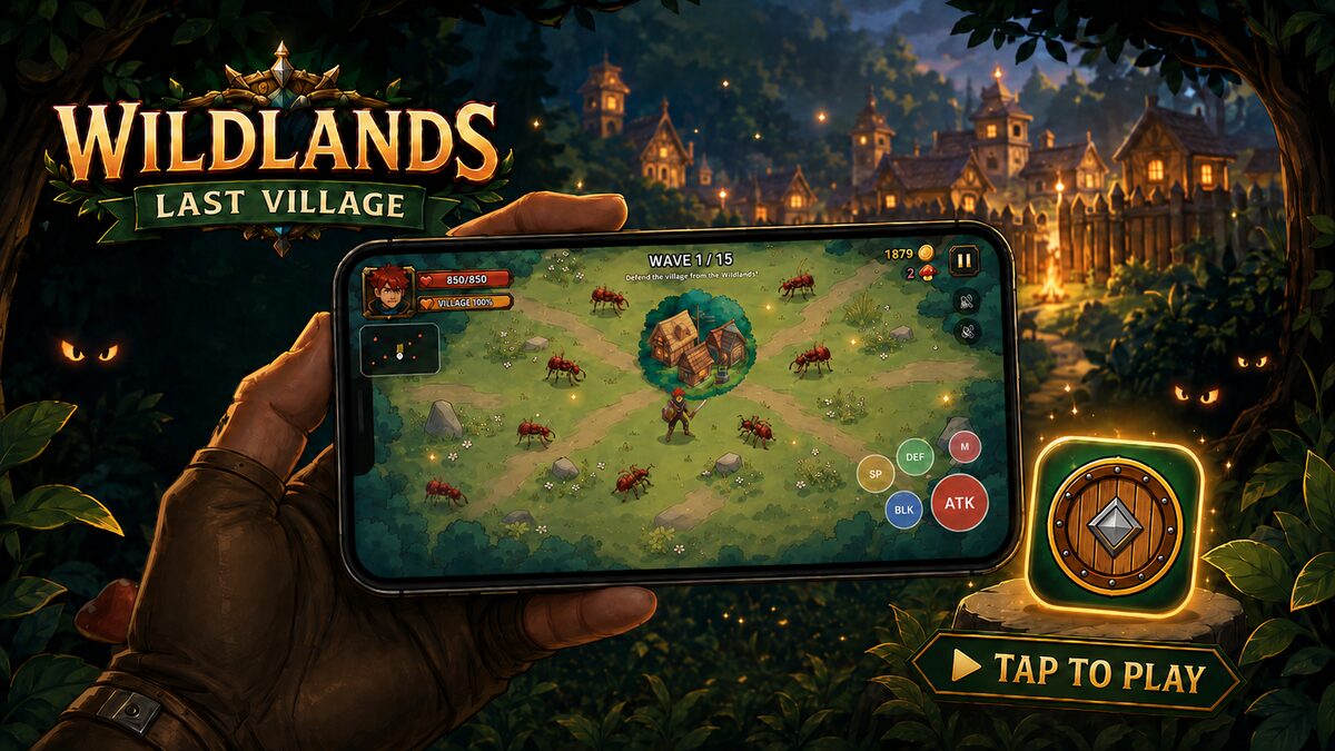 Wildlands: Last Village running full screen on a phone held in hand, with the shield app icon and a Tap to Play button