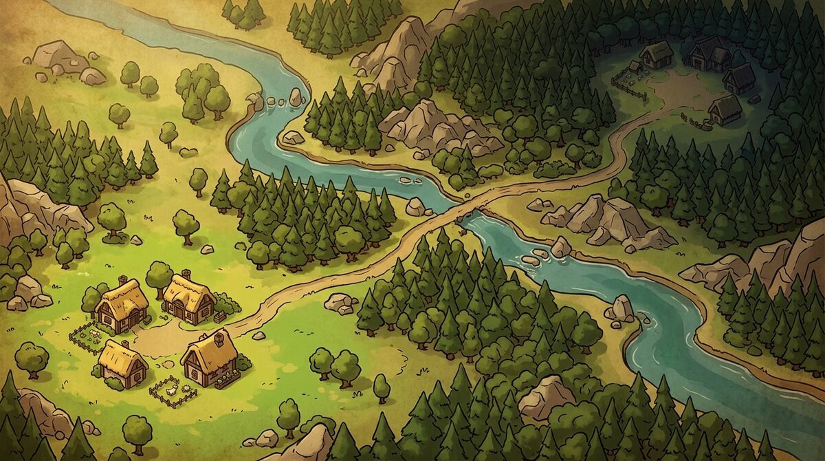 Map of the Wildlands showing the last village, the river crossing, and the dark settlement in the deep forest